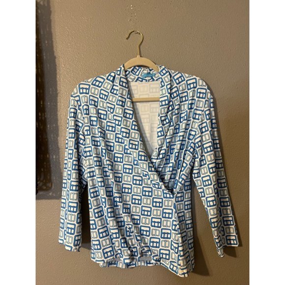 J. McLaughlin Womens Top M Medium Blue White 3/4 Long Sleeve Stretch Washable - Picture 3 of 9